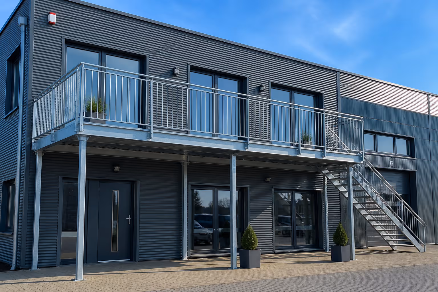 Gewerbegebäude mit Balkonanlage und Außentreppe aus Stahl